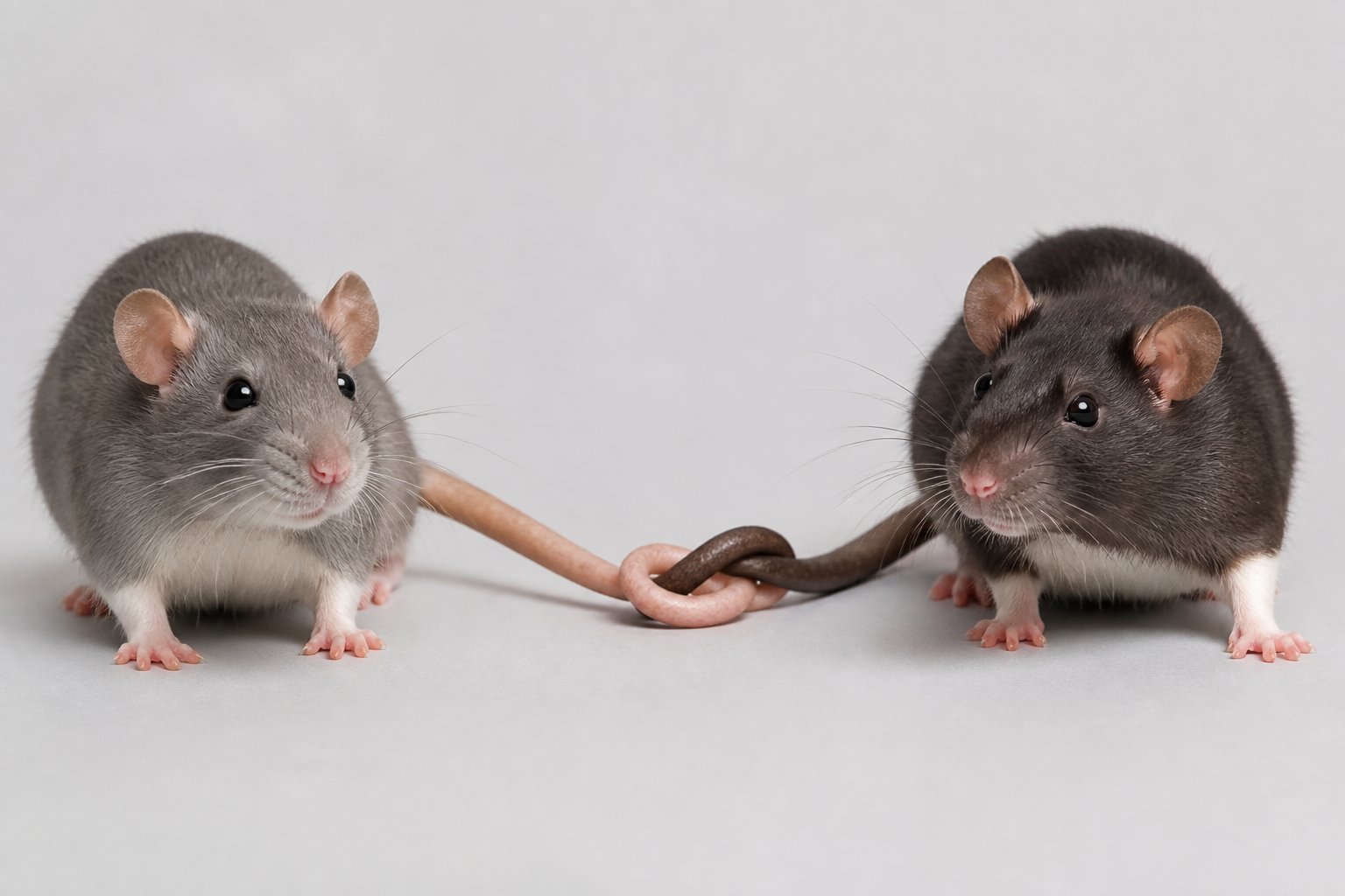 Two rats with their tails gently tangled together on a neutral background.