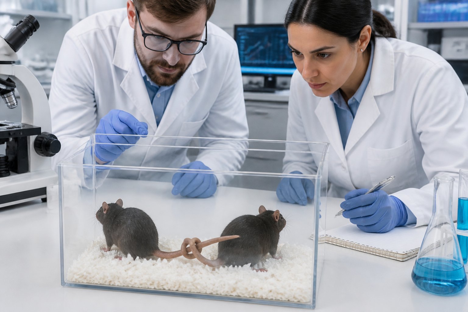 Scientists in a laboratory observing two rats with their tails tangled inside a transparent enclosure.