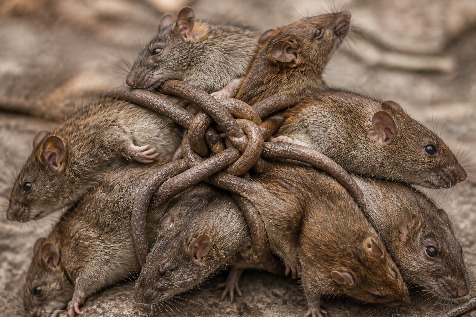 A close-up image of several rats tangled together by their tails forming a knot.