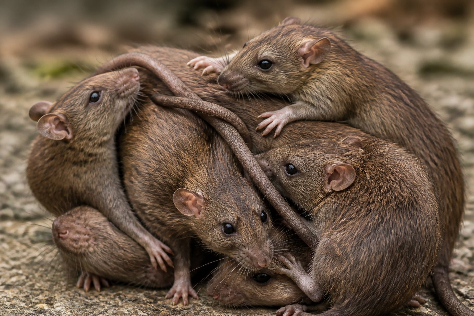 Several rats tangled together in a close-up view in a natural setting.
