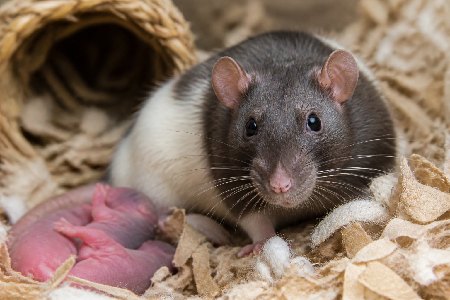 Close-up of a healthy adult rat in a natural nesting environment with soft bedding and nesting materials.