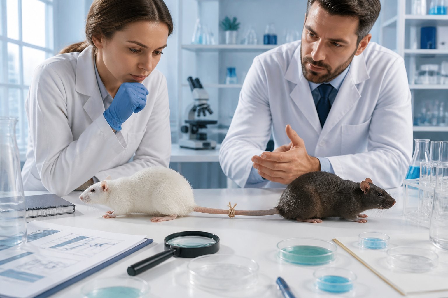 Two laboratory rats with their tails tied together on a white surface surrounded by scientific equipment in a bright lab.