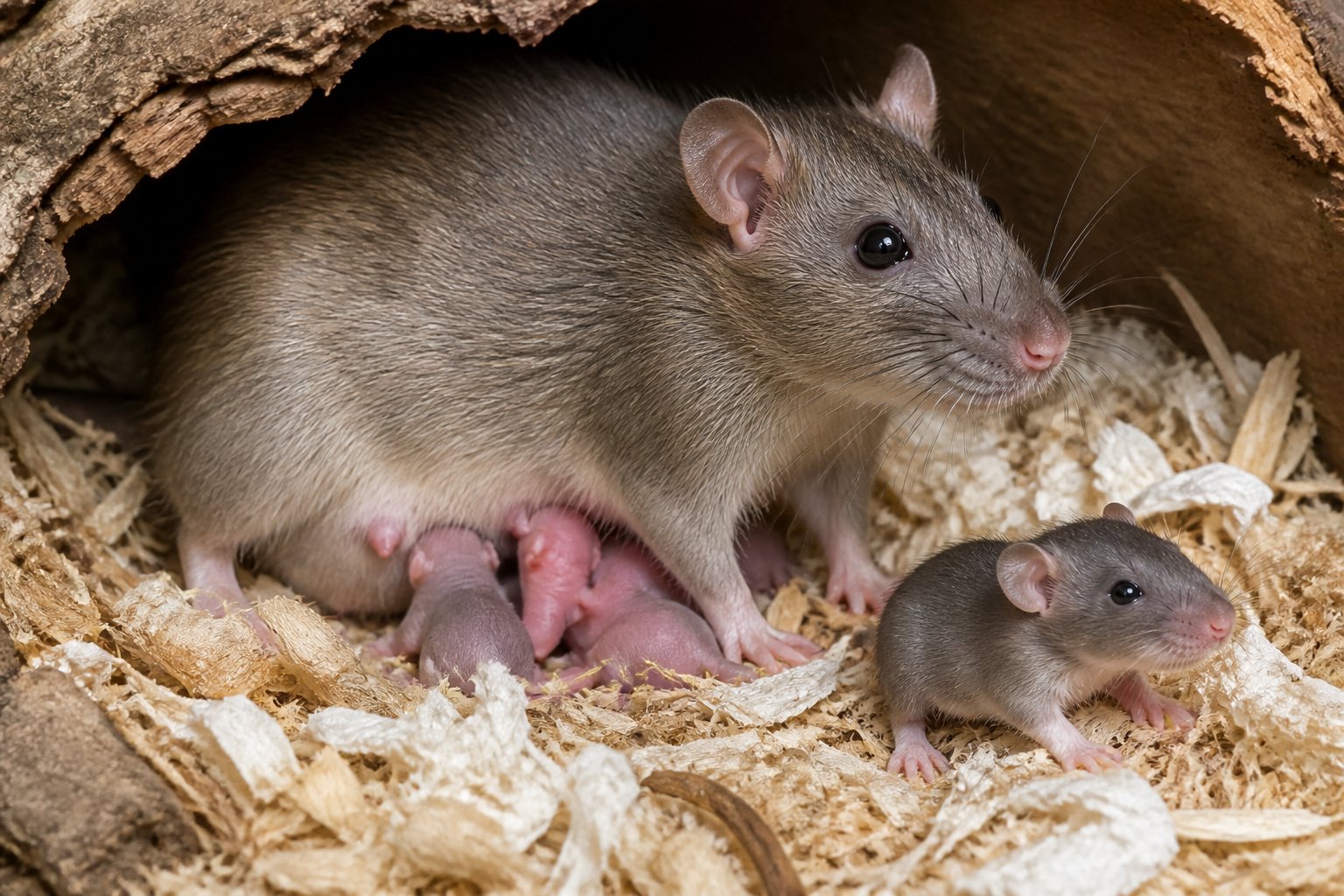 Close-up of an adult rat and a juvenile rat in a naturalistic setting with nesting materials.