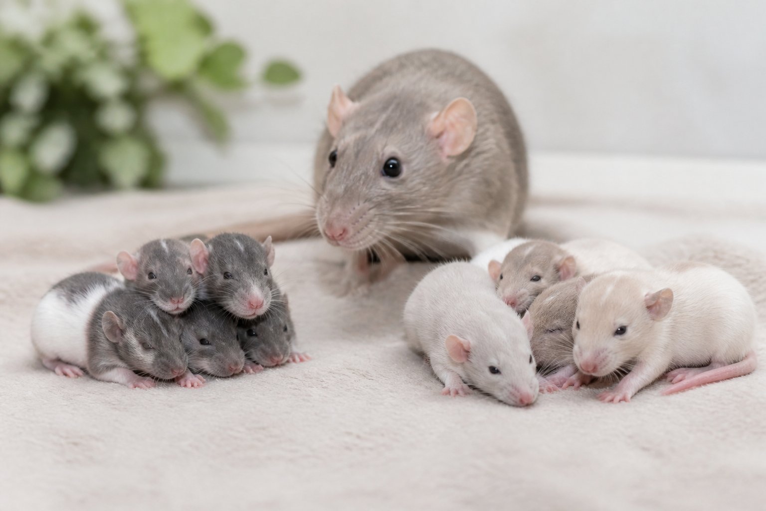 A mother rat with separate groups of male and female baby rats in a clean indoor setting.
