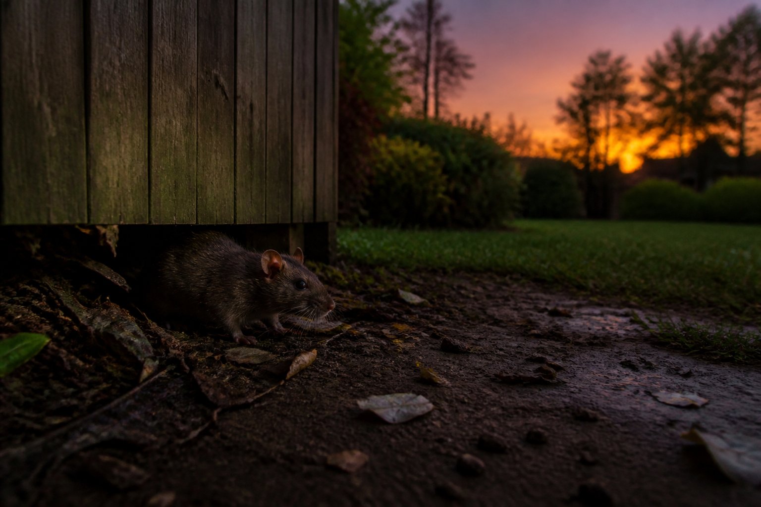 A rat cautiously emerges from under a wooden fence in a suburban backyard at dusk.