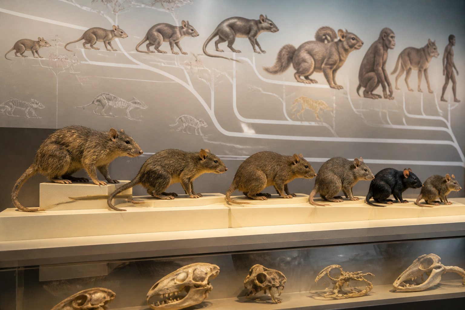 A museum exhibit showing realistic models of rats arranged from ancient to modern species, illustrating their evolution and place in mammal history.