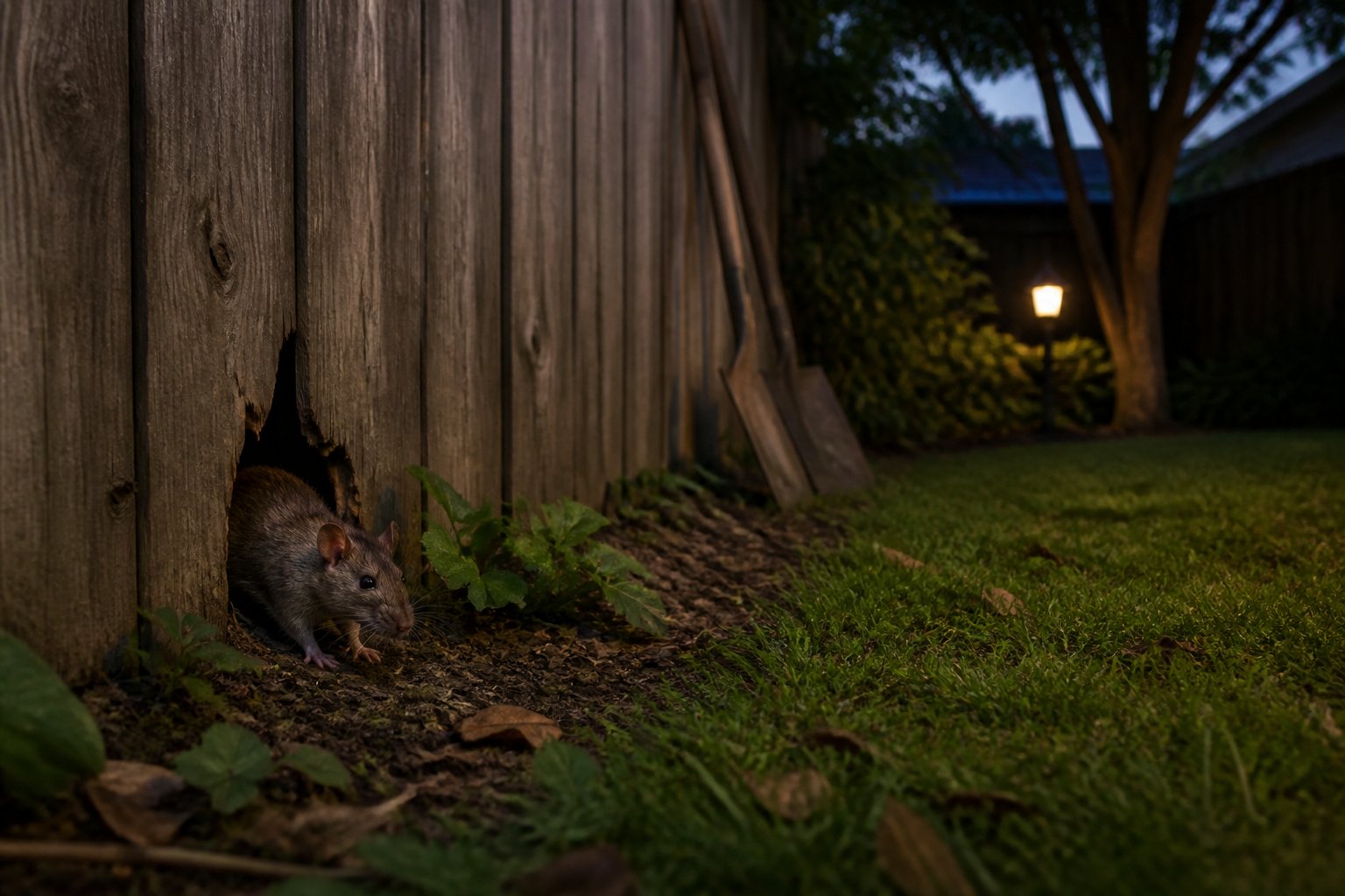 A rat cautiously emerging from a hole near a wooden fence in a backyard at dusk.