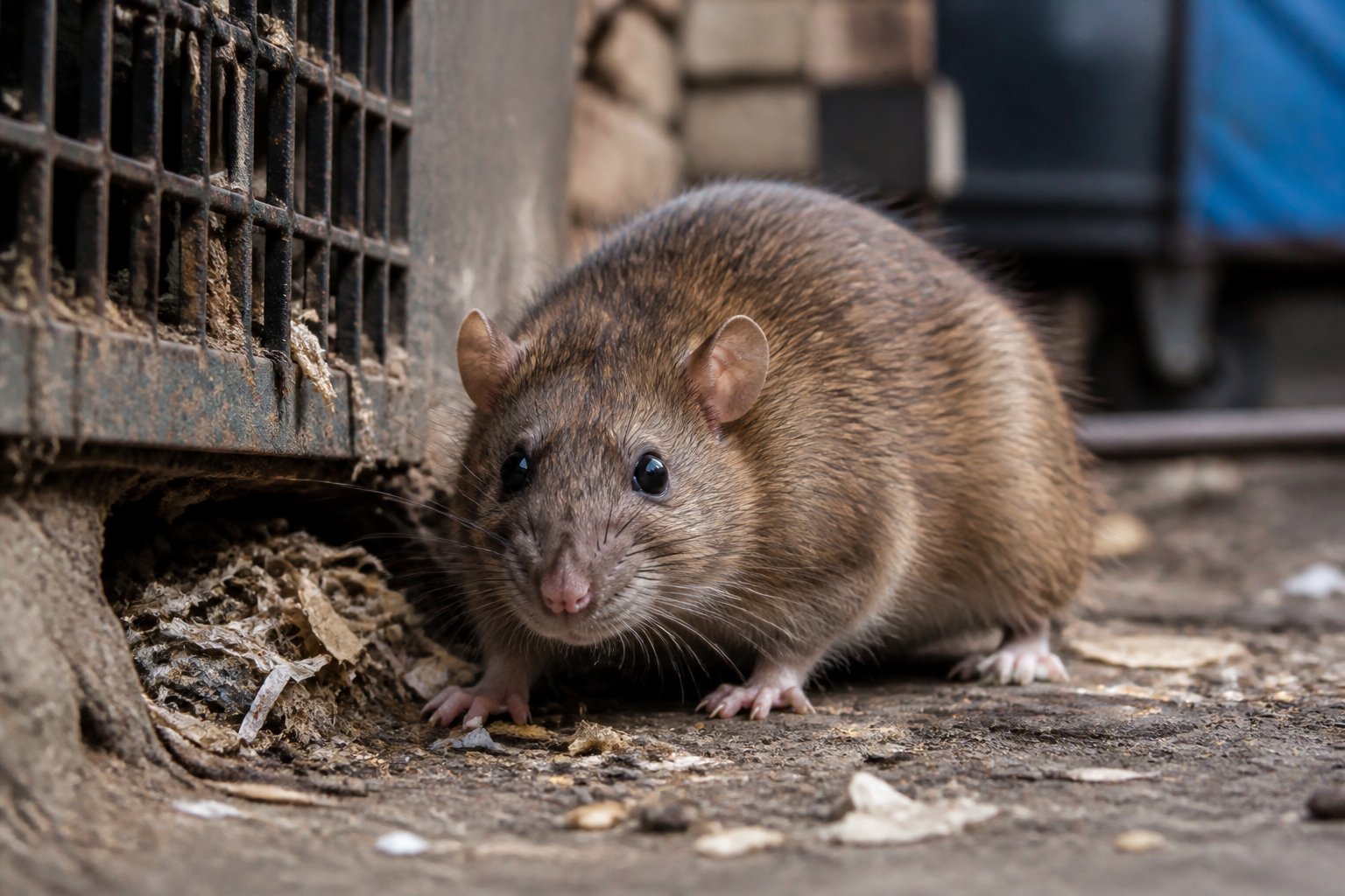 A close-up of a rat in an urban alleyway near a dumpster with signs of a rat colony nearby.