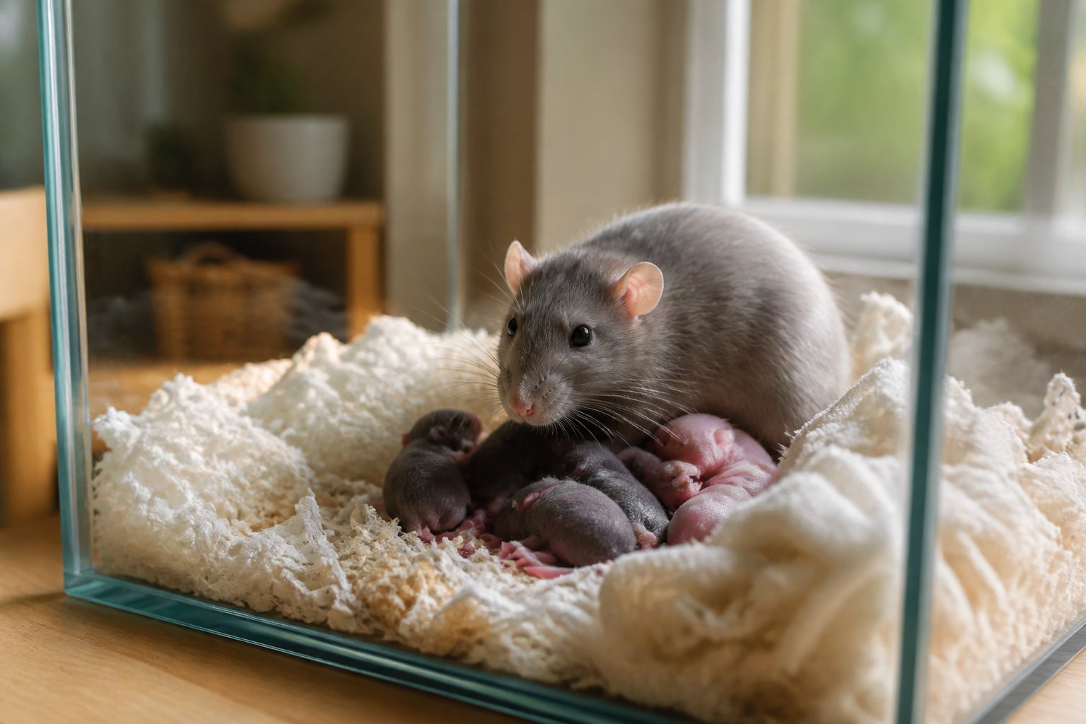 A mother rat caring for her newborn baby rats inside a glass enclosure in a cozy home setting.