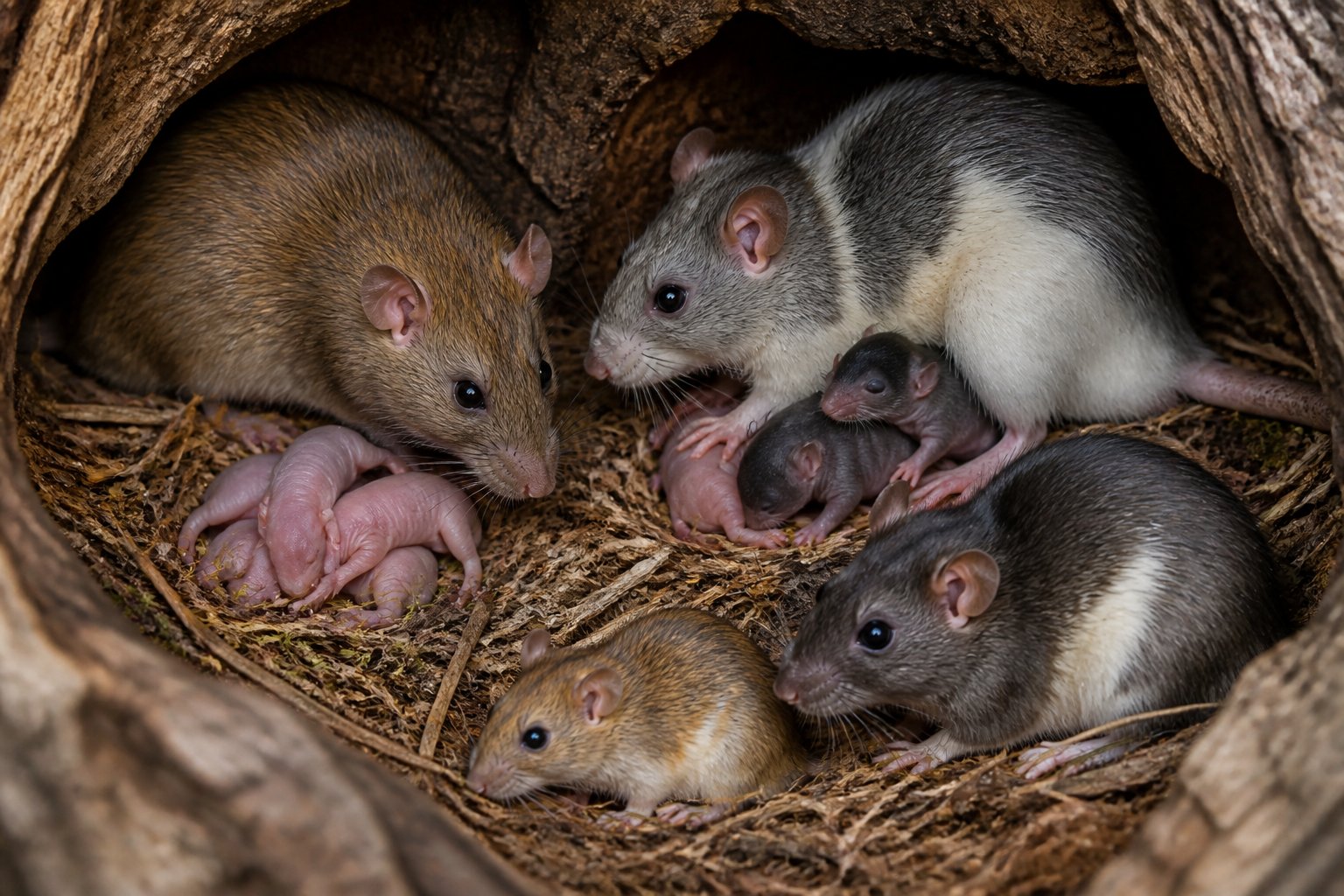 Close-up of a rat nest with adult rats caring for newborn pups in a natural outdoor setting.