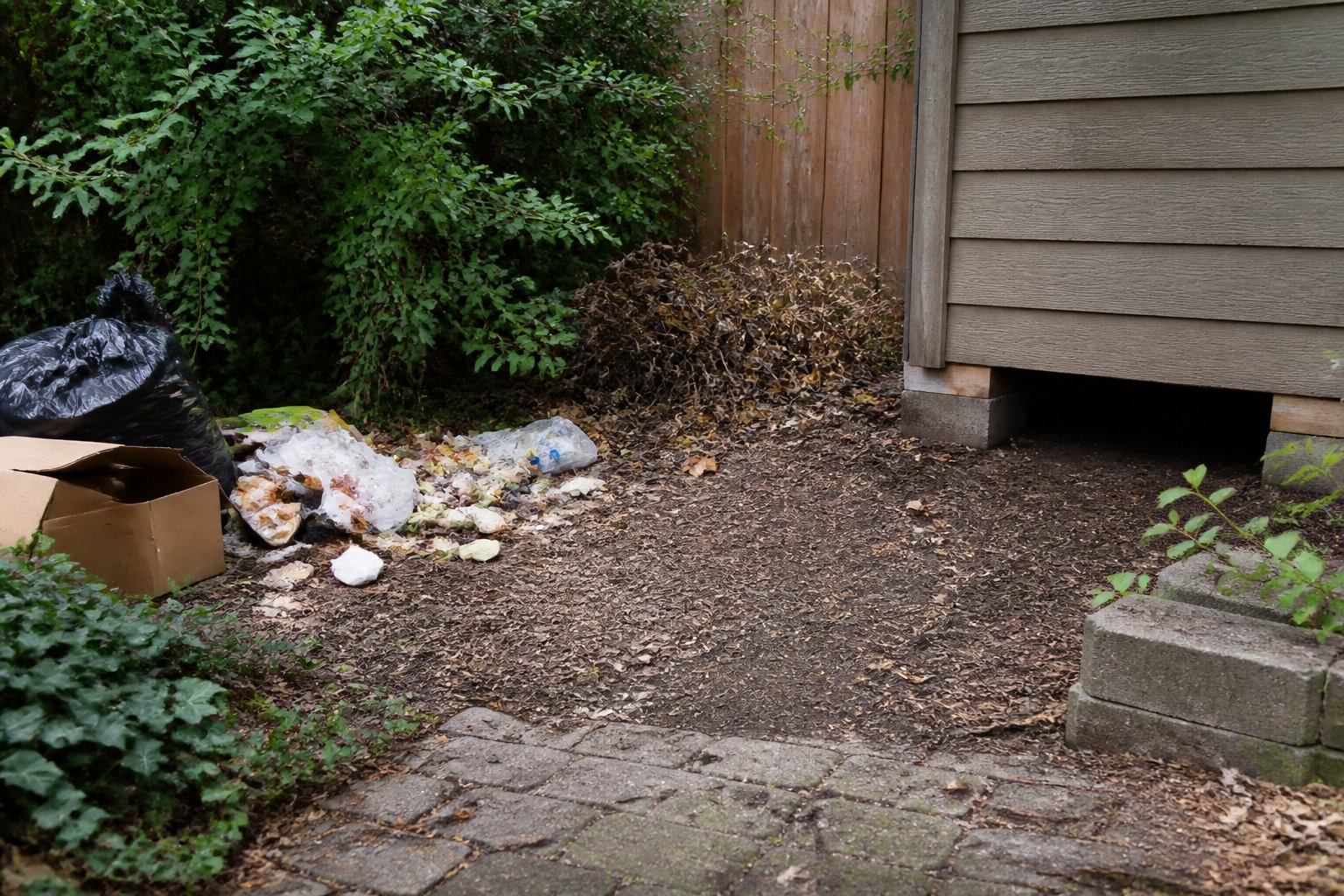 Outdoor backyard area with overgrown plants, scattered trash, and cluttered spaces where rats can hide.