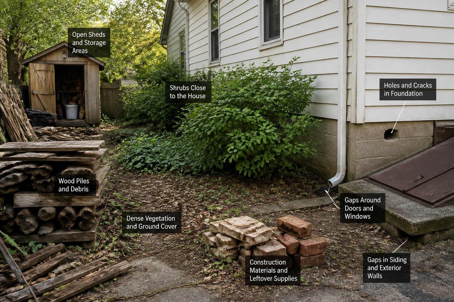 Exterior view of a house with woodpiles, dense shrubs, an open shed, and cracks in the foundation, showing common rat hiding places around a property.