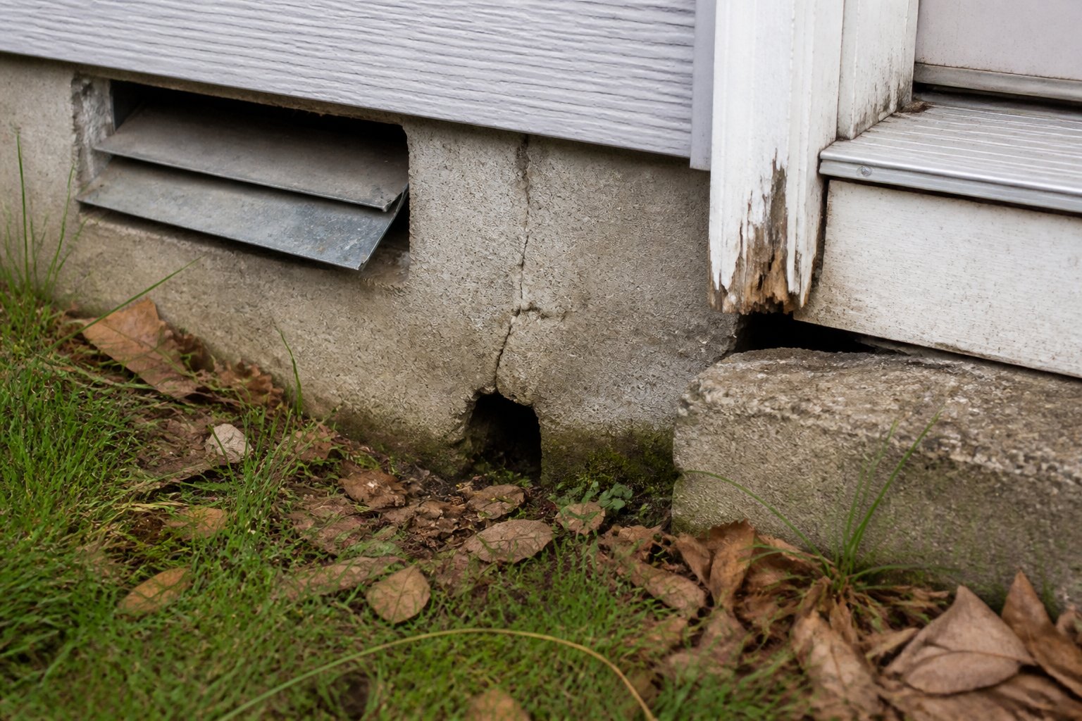 Close-up of a house exterior showing cracks, a vent, and a door frame where rats can enter.