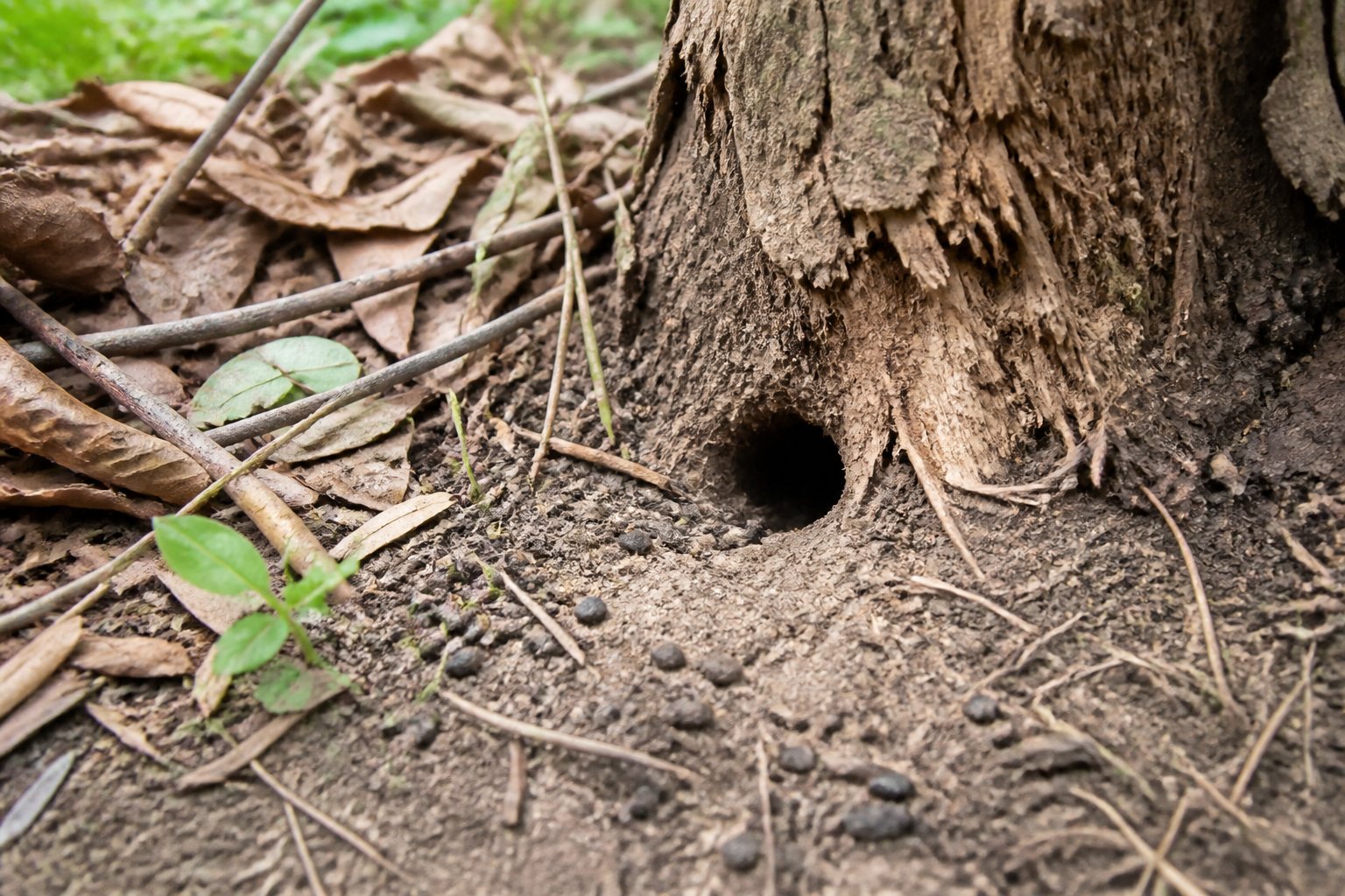 Close-up of a small burrow at the base of a tree surrounded by leaves and twigs, showing signs of rat activity.