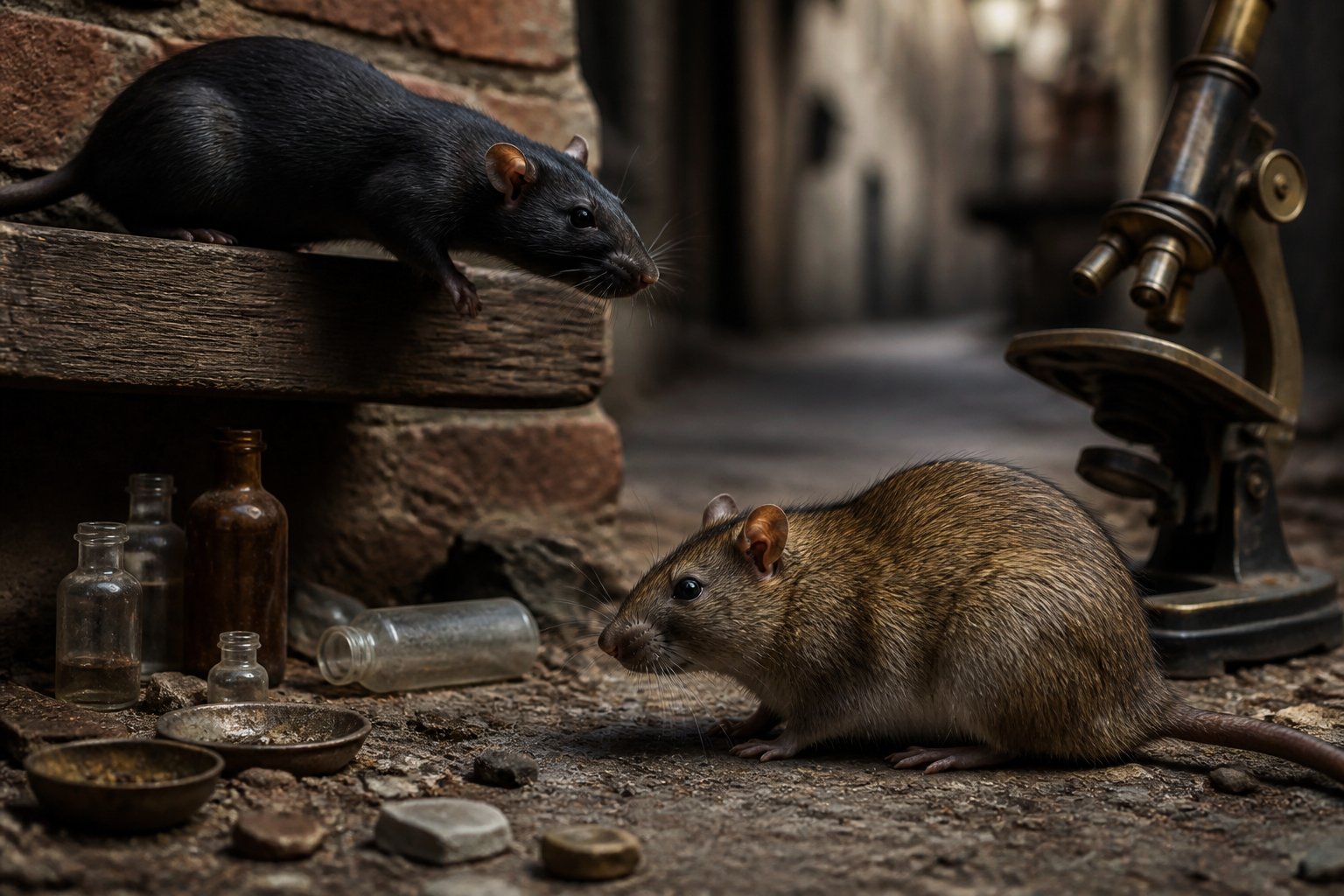 Two different species of rats near old bricks and scientific equipment in an urban alley.