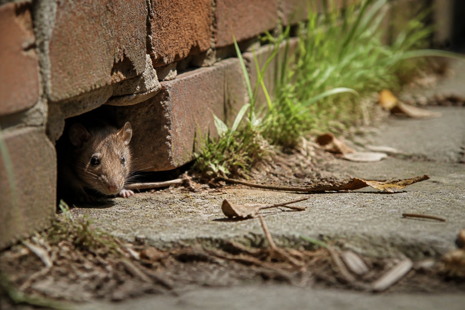 A brown rat near a small opening in a brick wall in an urban outdoor setting during the day.