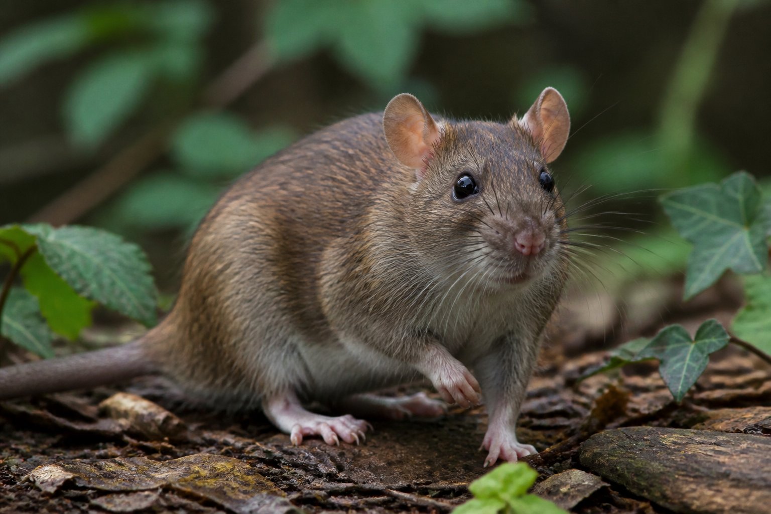 A brown rat sitting on a forest floor covered with leaves and twigs, looking alert.