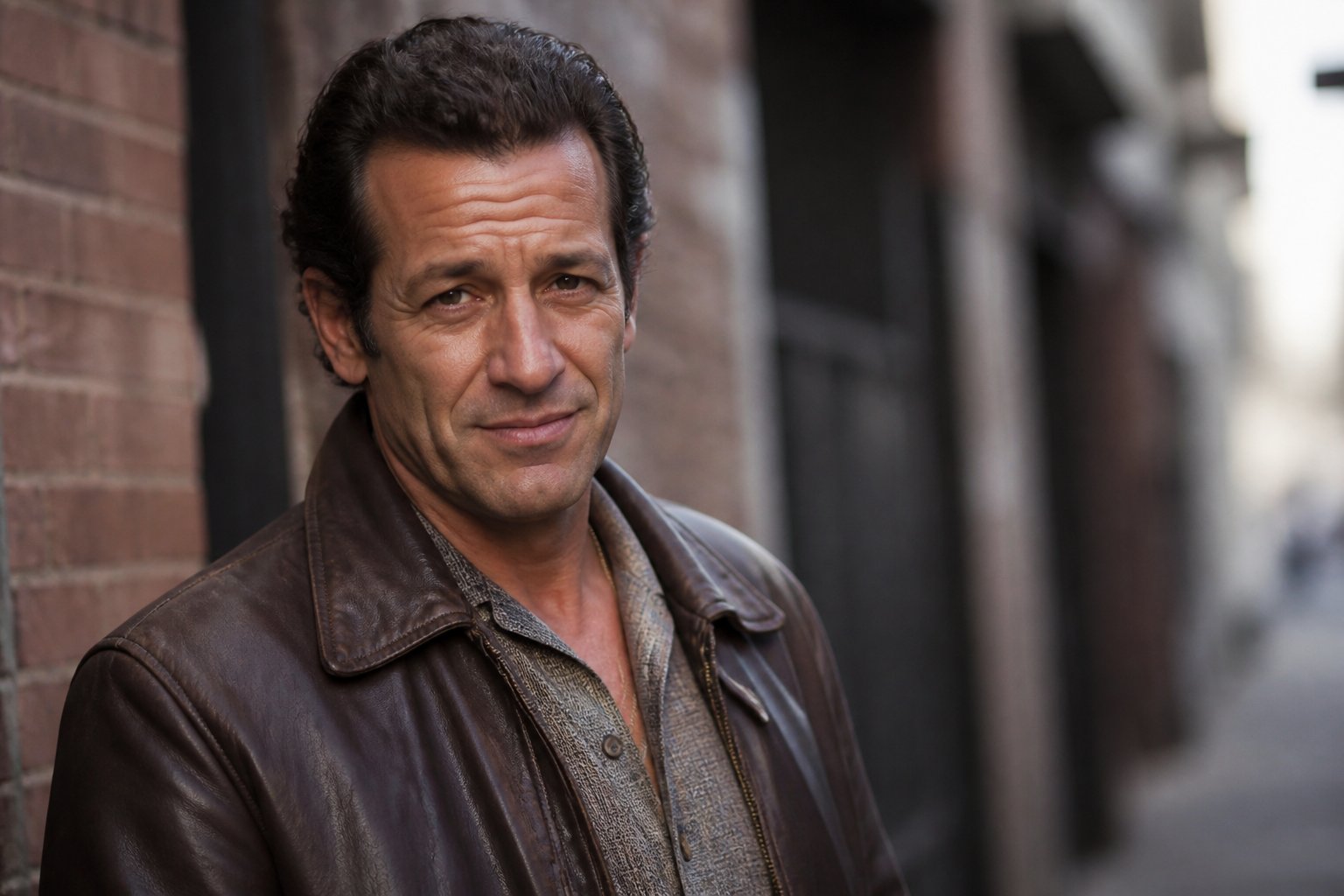 A middle-aged man with a rugged face wearing a brown leather jacket, standing confidently in an urban setting.