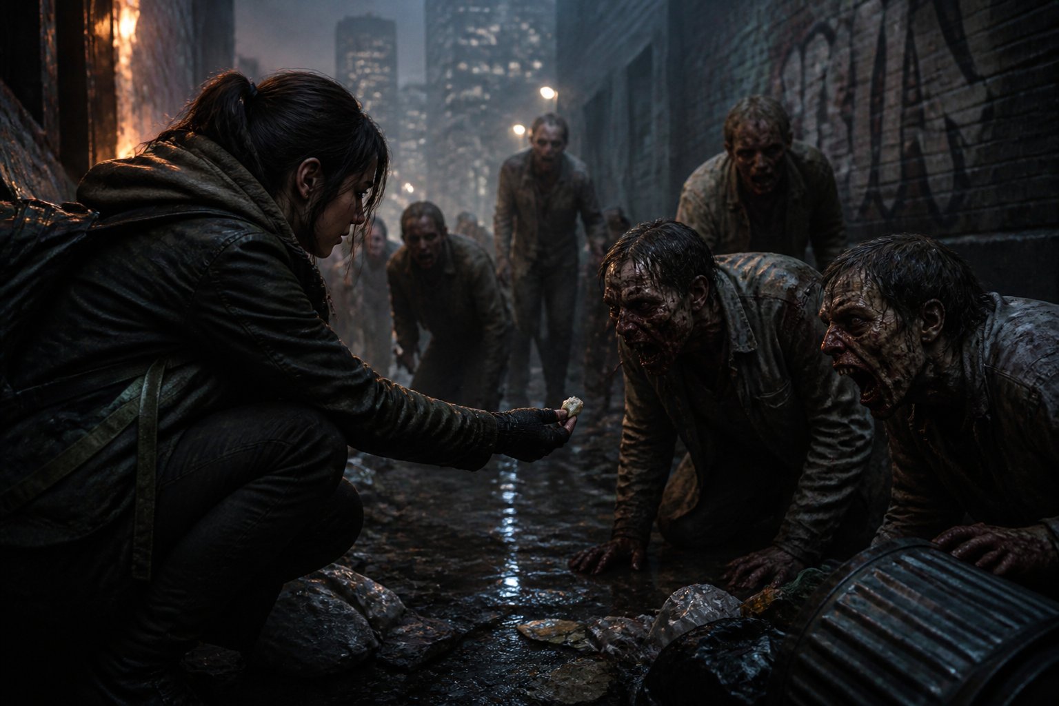 A woman in a dark jacket feeding food to zombies in a dimly lit urban alley at dusk.