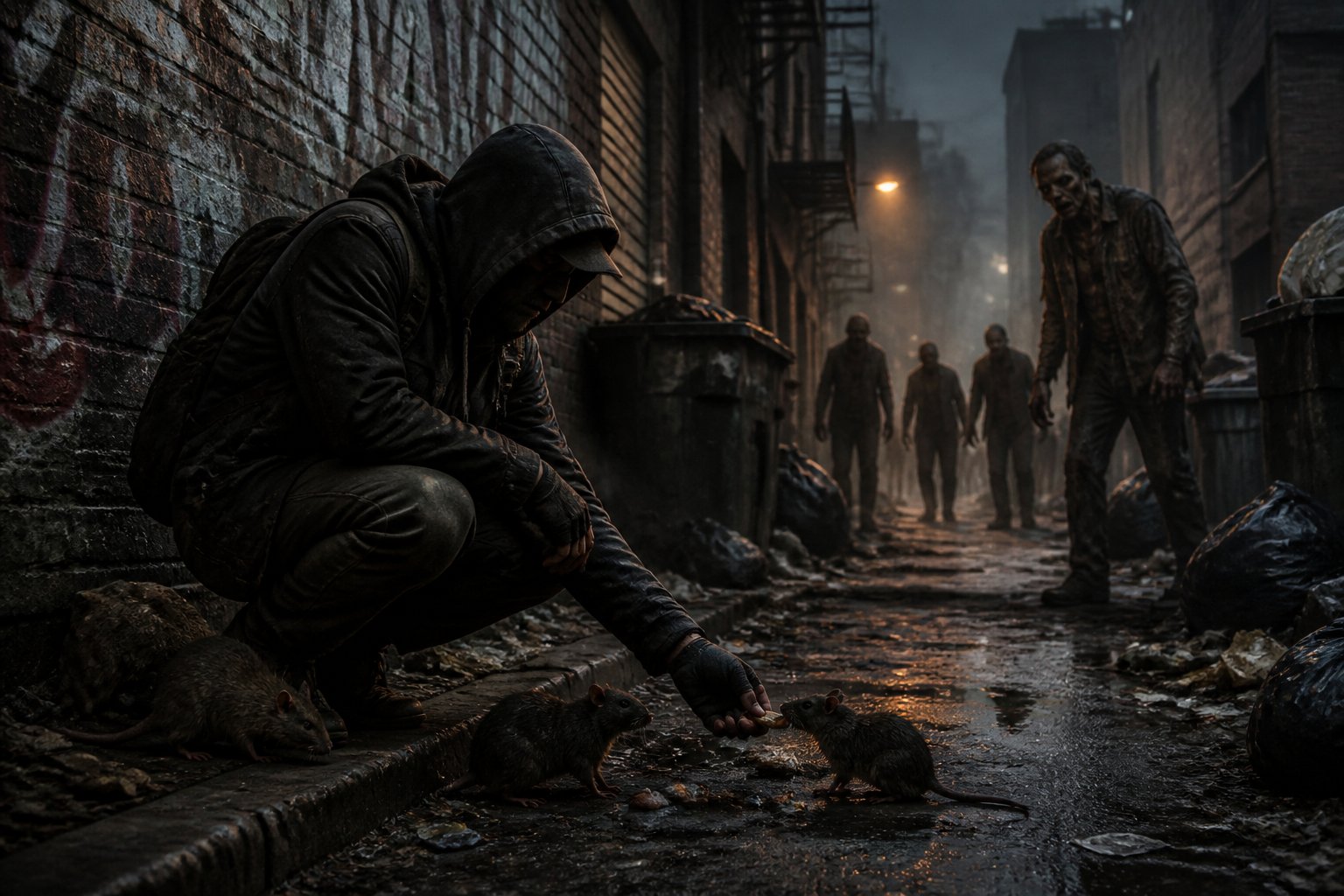 A person in a dark hoodie feeds rats in a dimly lit alley while zombie-like figures watch from the shadows.