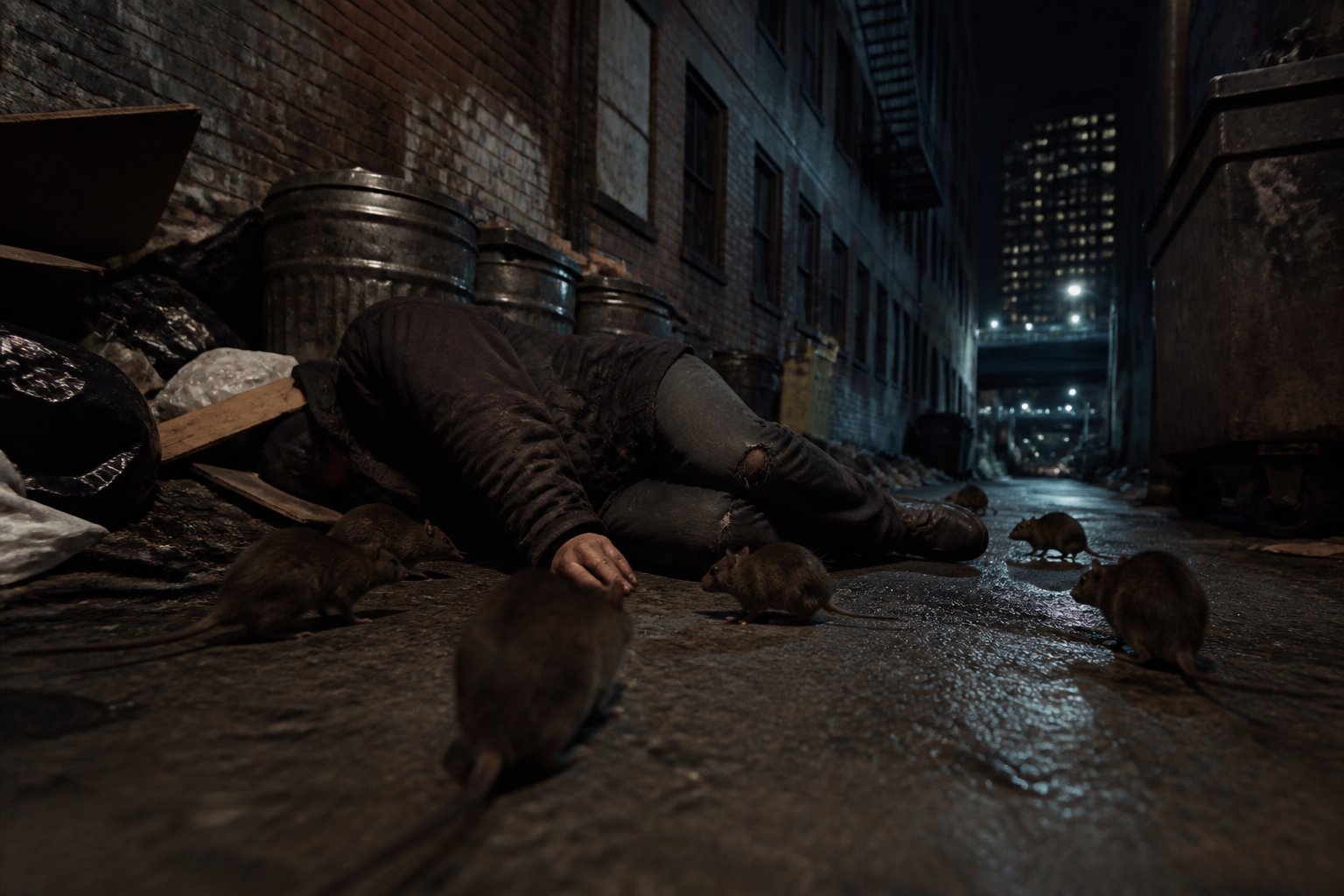 A person lying on the ground in a dark urban alley with several rats nearby, surrounded by trash and debris.