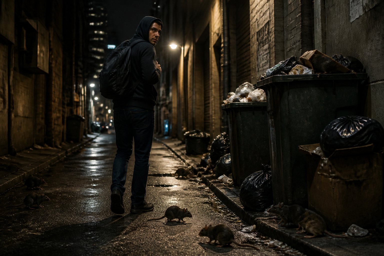 A person cautiously walking through a dimly lit urban alley with rats near trash bins, highlighting potential health dangers.