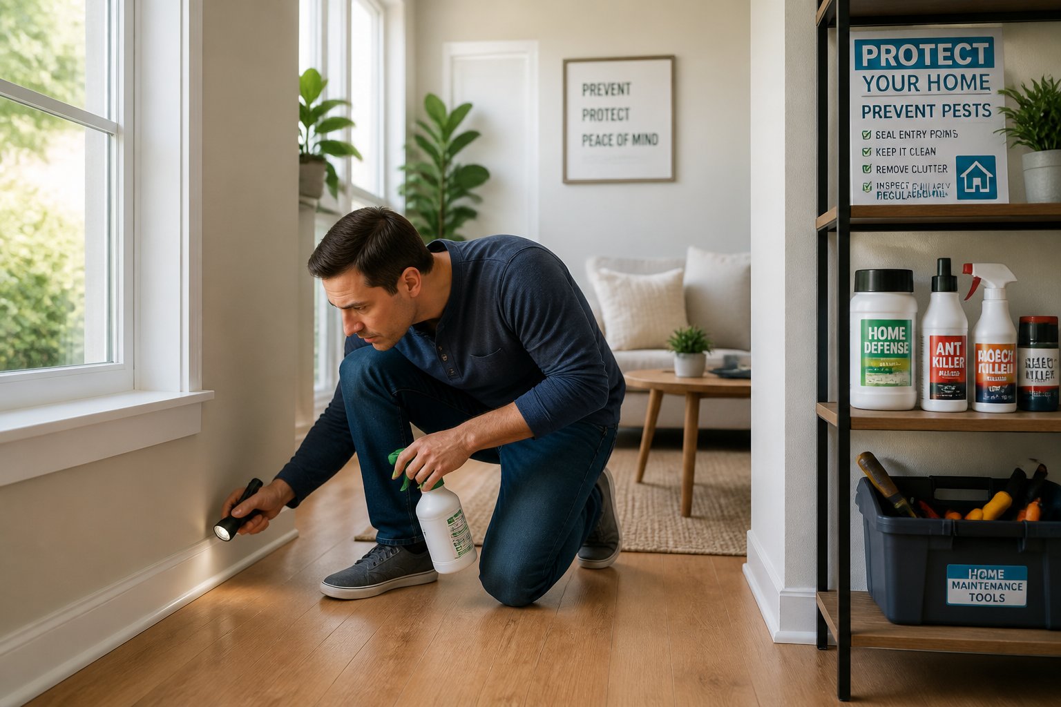 A person inspecting a clean living room corner with a flashlight and pest control spray, ensuring the home is safe and pest-free.