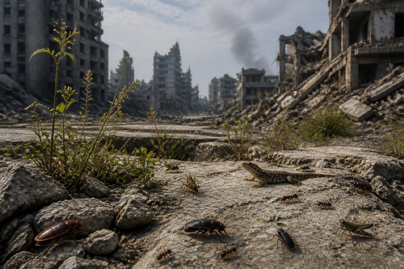 A damaged urban area with smoke in the background and resilient insects and small reptiles living among cracked concrete and sparse plants.