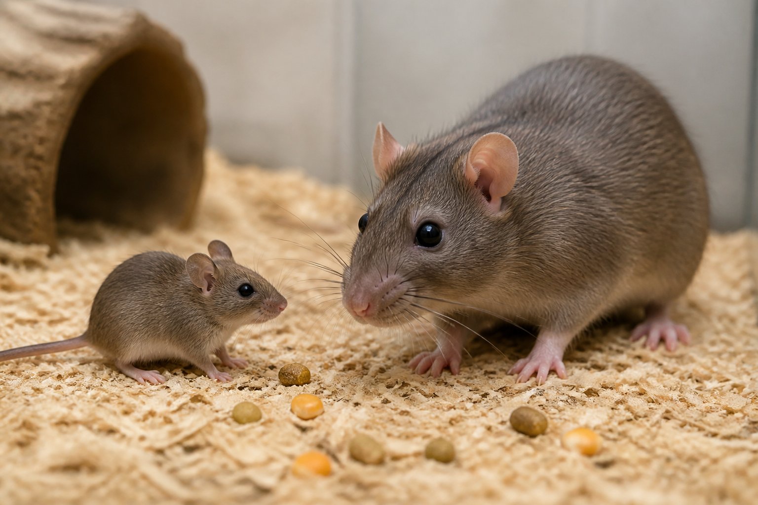 A rat and a mouse closely observing each other in a natural indoor setting.