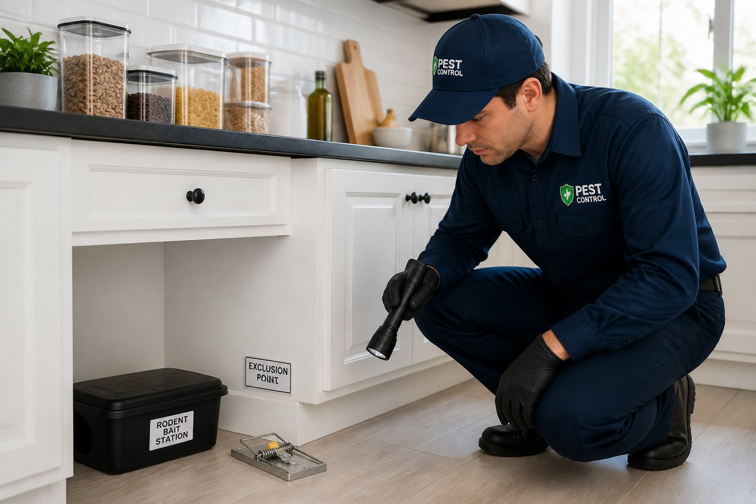 A clean kitchen corner with sealed food containers and a pest control professional inspecting pest control devices.