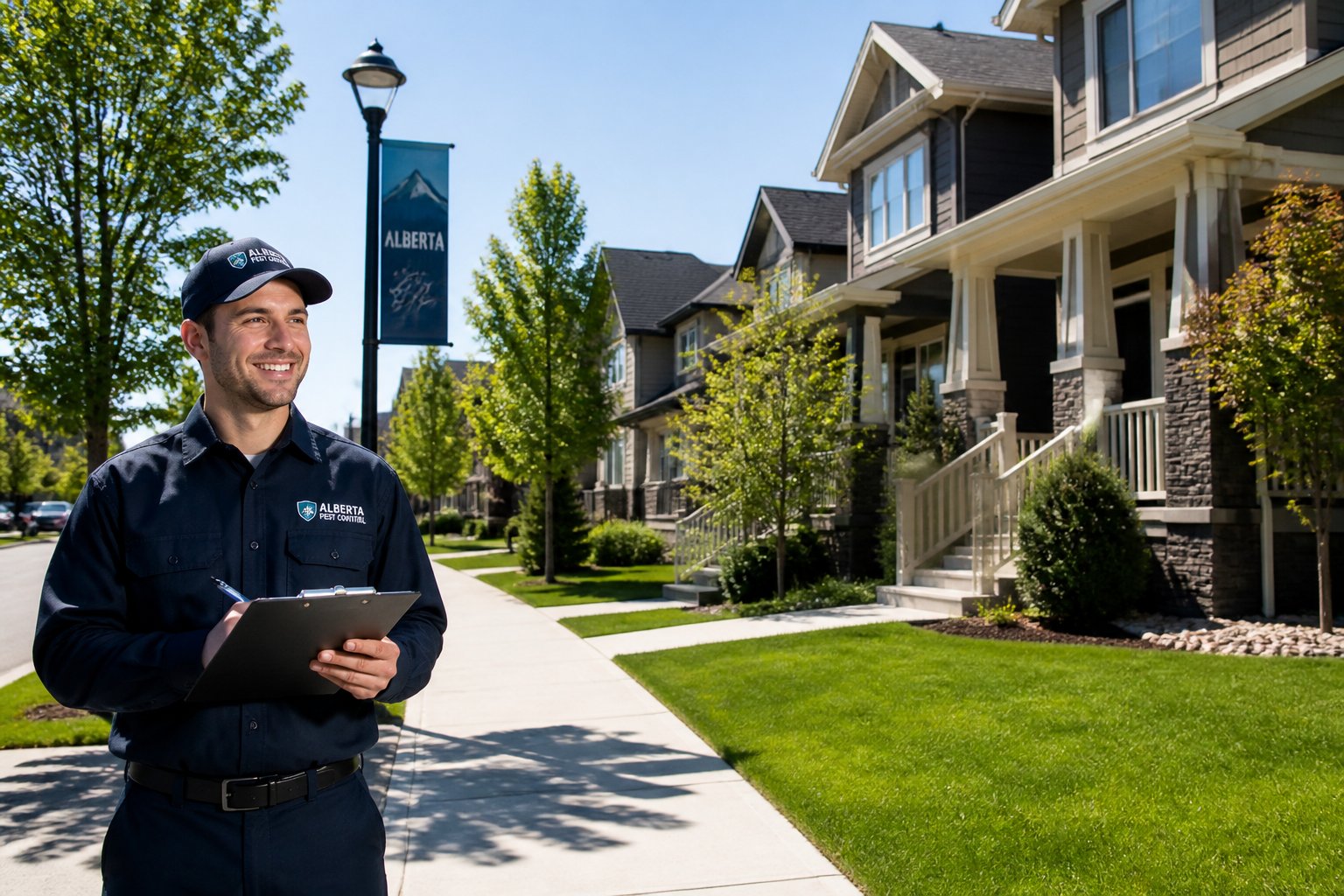 A clean and tidy residential street in Alberta with a pest control worker inspecting the area on a sunny day.