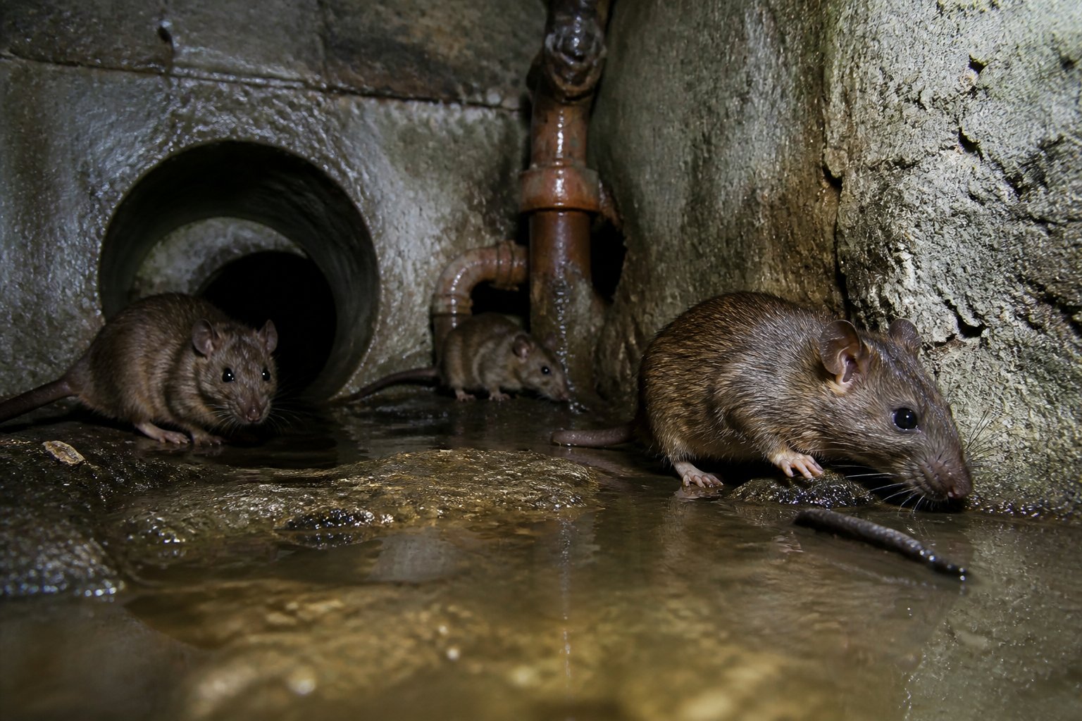 Close-up view of several brown rats moving through a wet urban sewer tunnel with concrete walls and pipes around them.