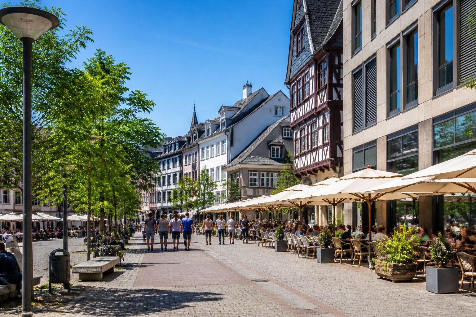 A lively street scene at Am Ratsweg in Frankfurt with people walking and sitting at outdoor cafés along a tree-lined street.