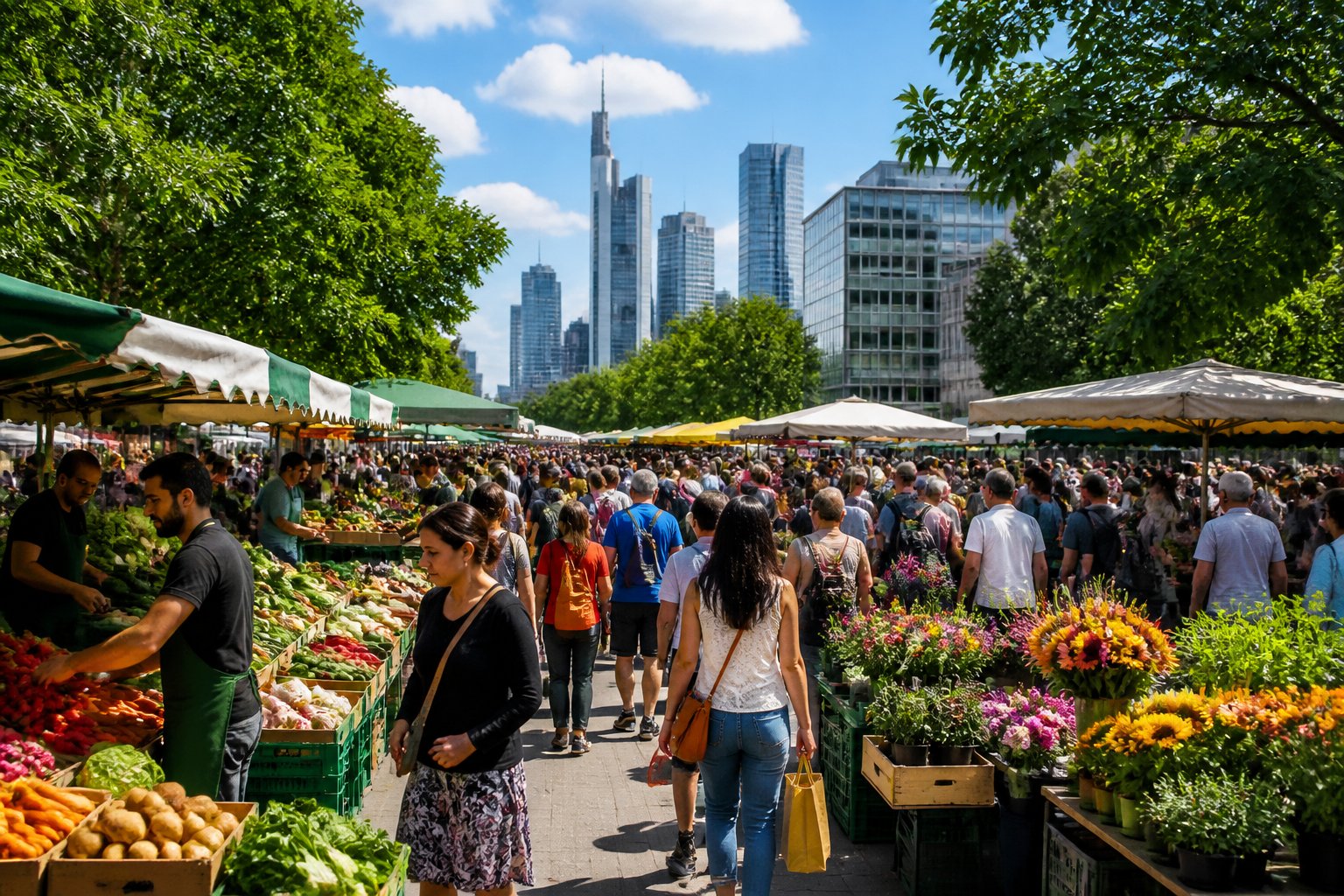 Outdoor market at Am Ratsweg in Frankfurt with people shopping at colorful stalls surrounded by city buildings and trees.