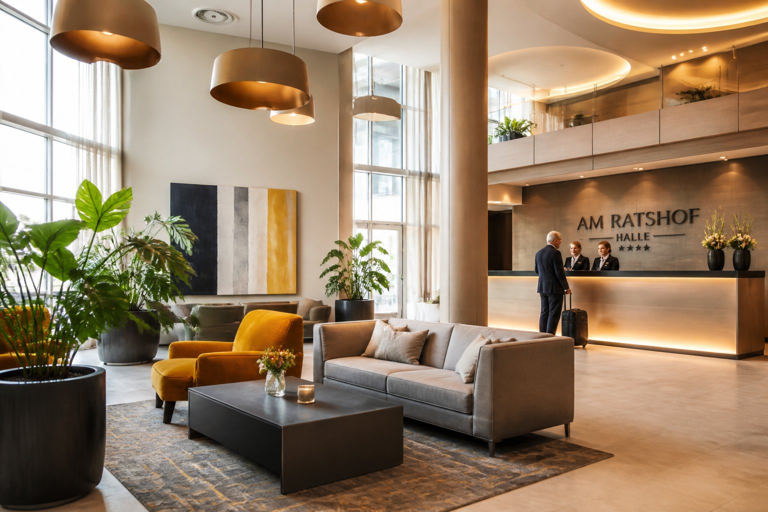 Hotel lobby with comfortable seating, reception desk, and natural light creating a welcoming atmosphere.