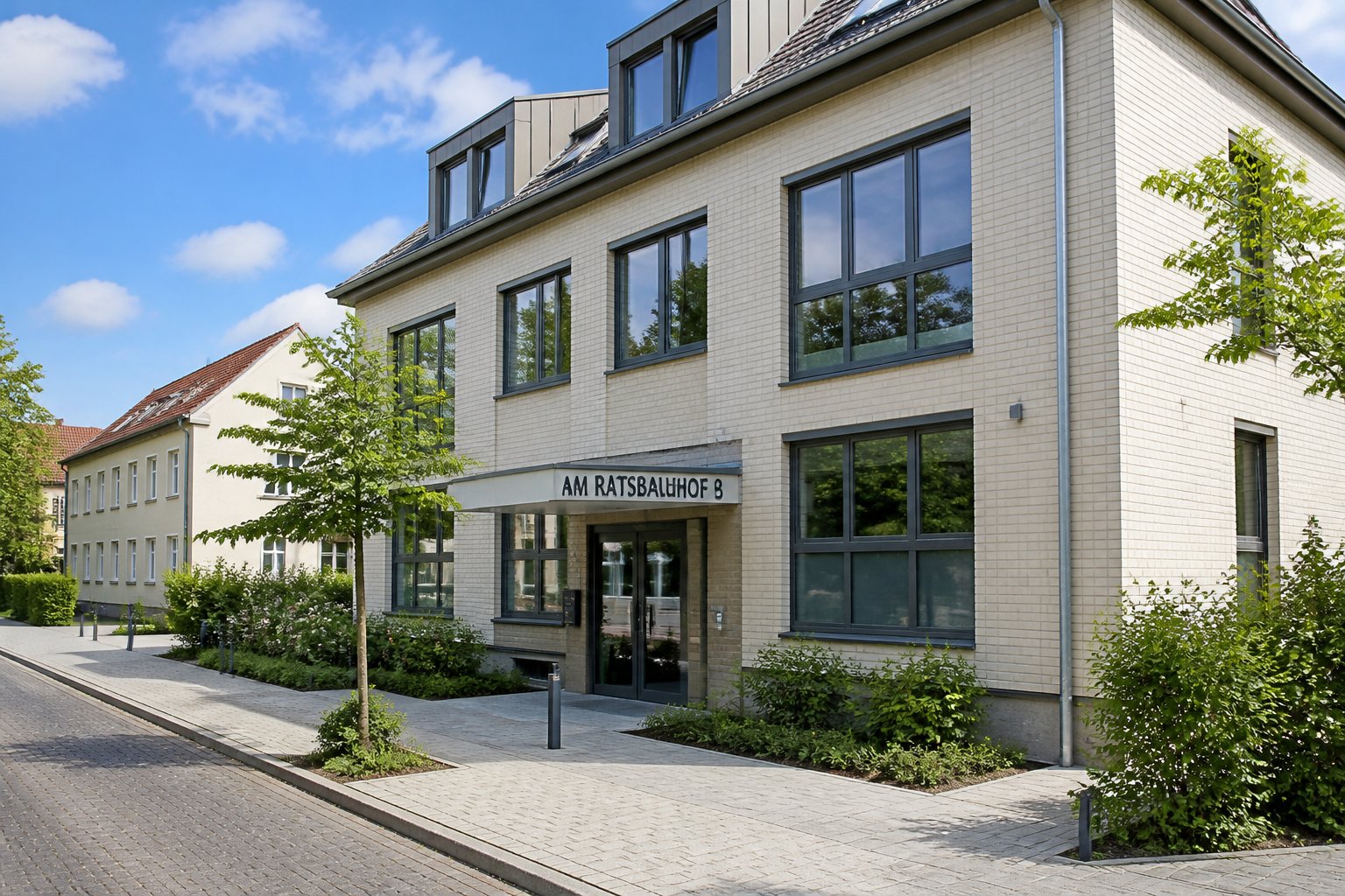 Exterior view of a clean and modern building at Am Ratsbauhof 8 in Hildesheim with trees and a clear sky.