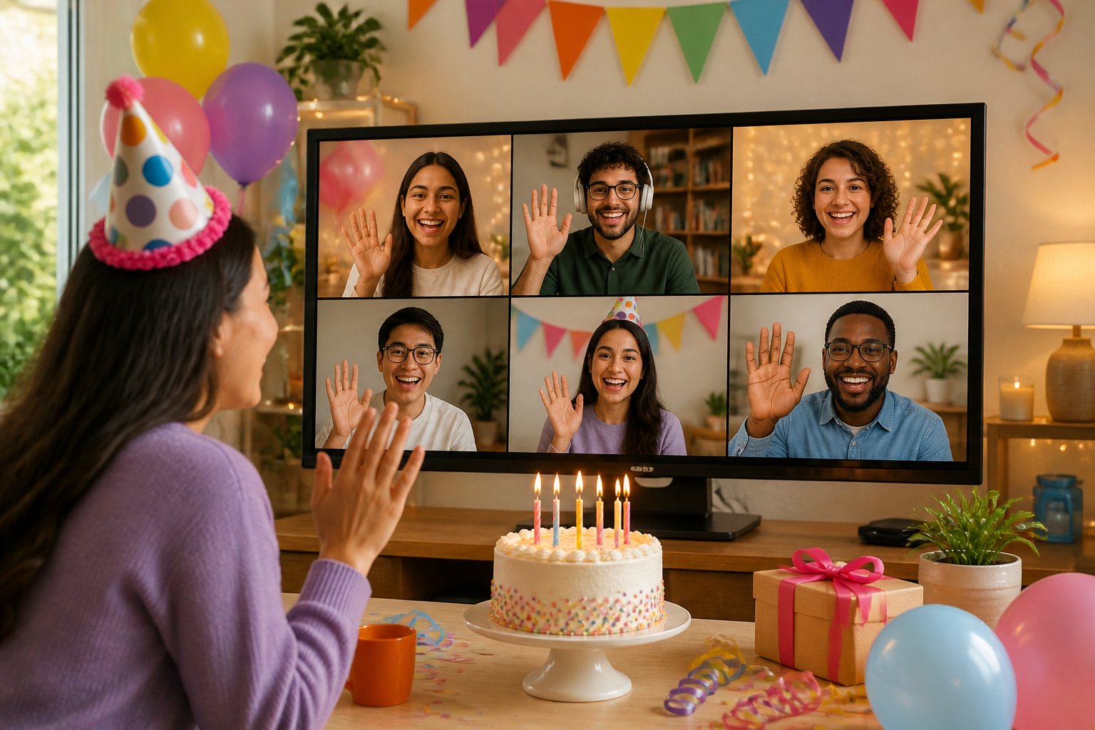 People celebrating a birthday online with balloons, cake, and smiling faces on a video call screen.