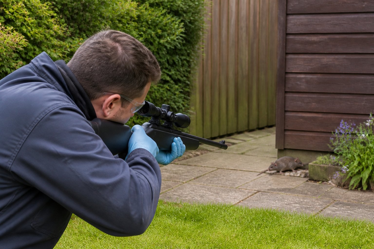 A pest control professional aiming an air rifle outdoors at a rat near a garden fence.