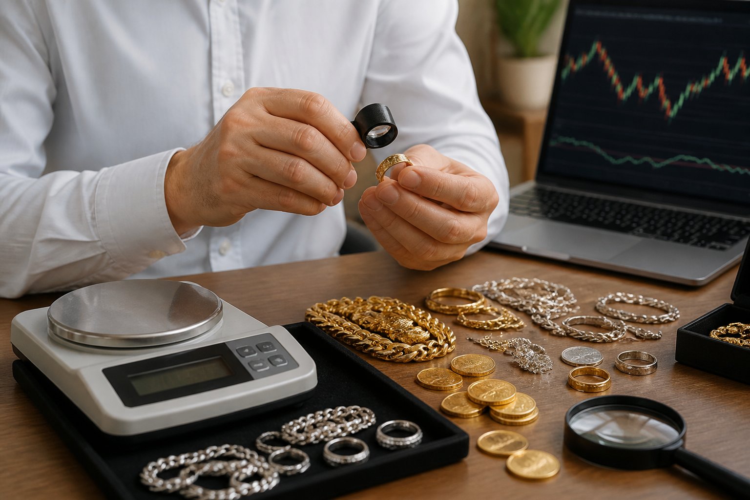 A person examining gold and silver jewelry on a table with a jeweler's scale and magnifying glass, with a laptop showing market data in the background.