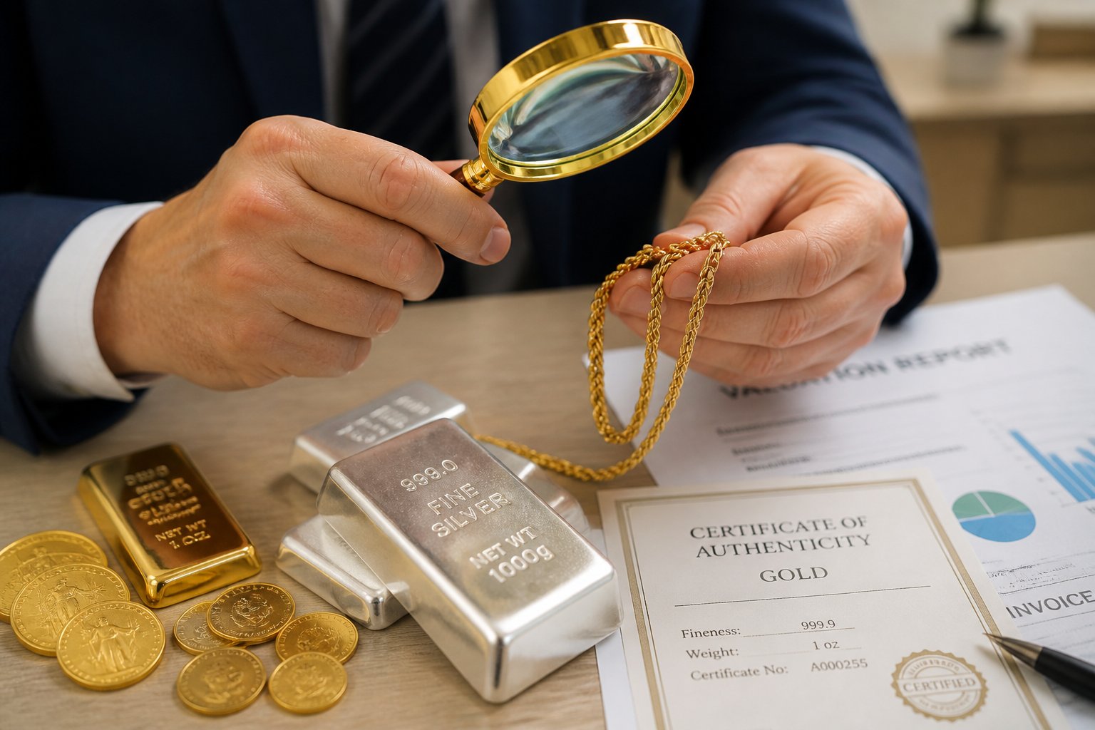 Hands examining gold and silver items with documents on a desk, showing a verification process before selling.