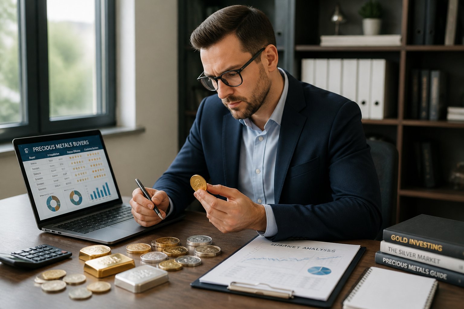 Person sitting at a desk examining gold and silver items while using a laptop and documents in a modern office.