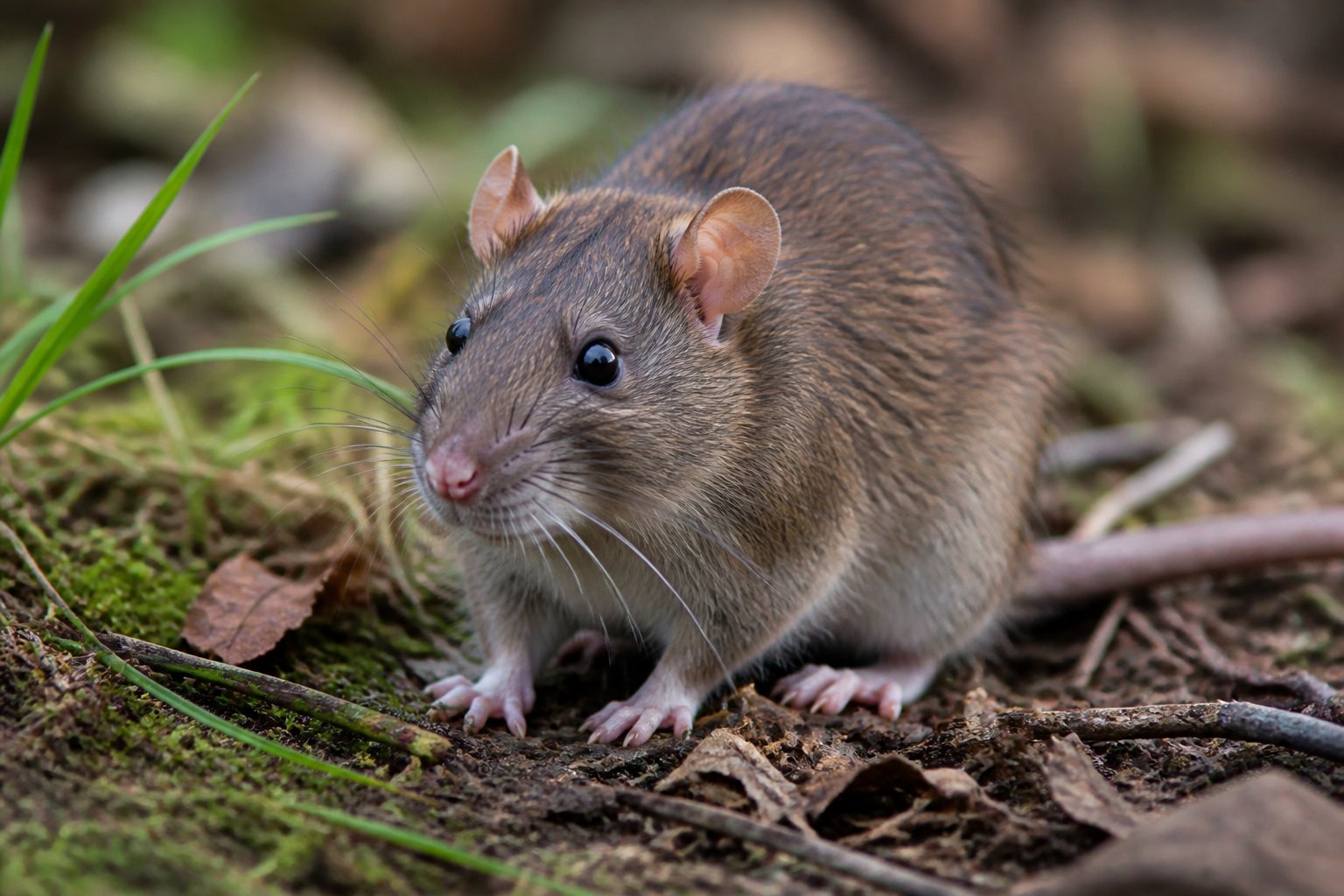 A close-up of an alert adult rat on a forest floor surrounded by leaves and twigs.