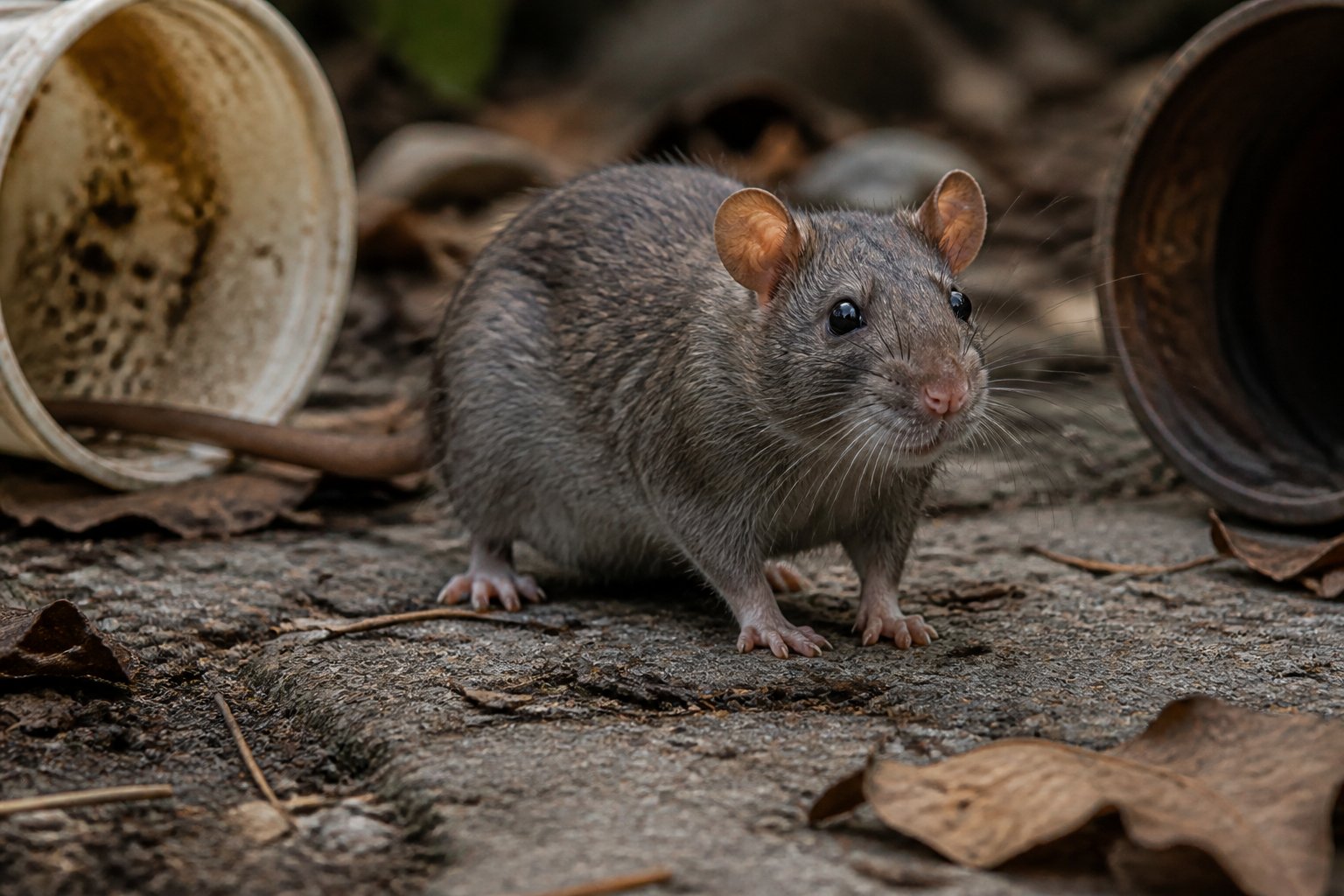 Close-up of a healthy rat in a natural outdoor setting with sparse food sources around it.
