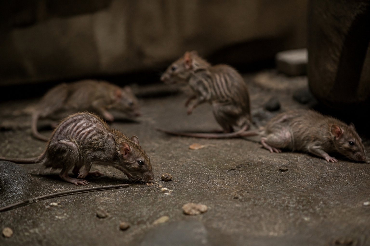 A group of thin, weak rats in a dim, sparse environment showing signs of starvation.
