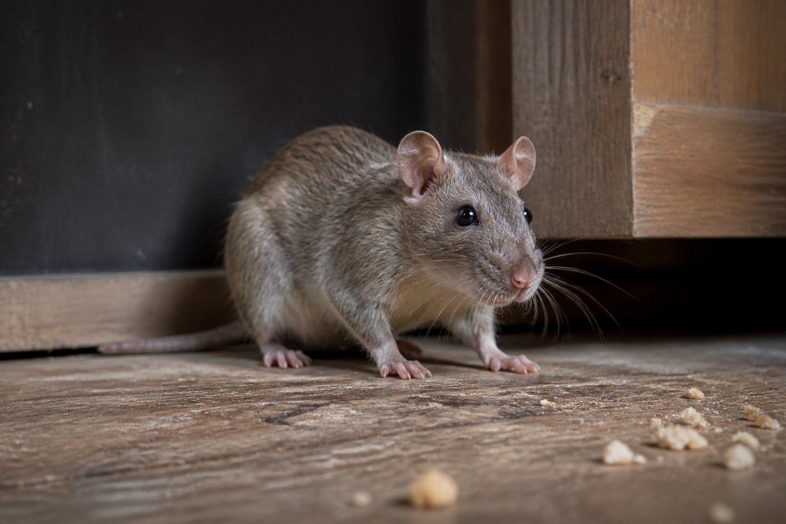 Close-up of a rat in a corner of a room with scattered crumbs on the floor.