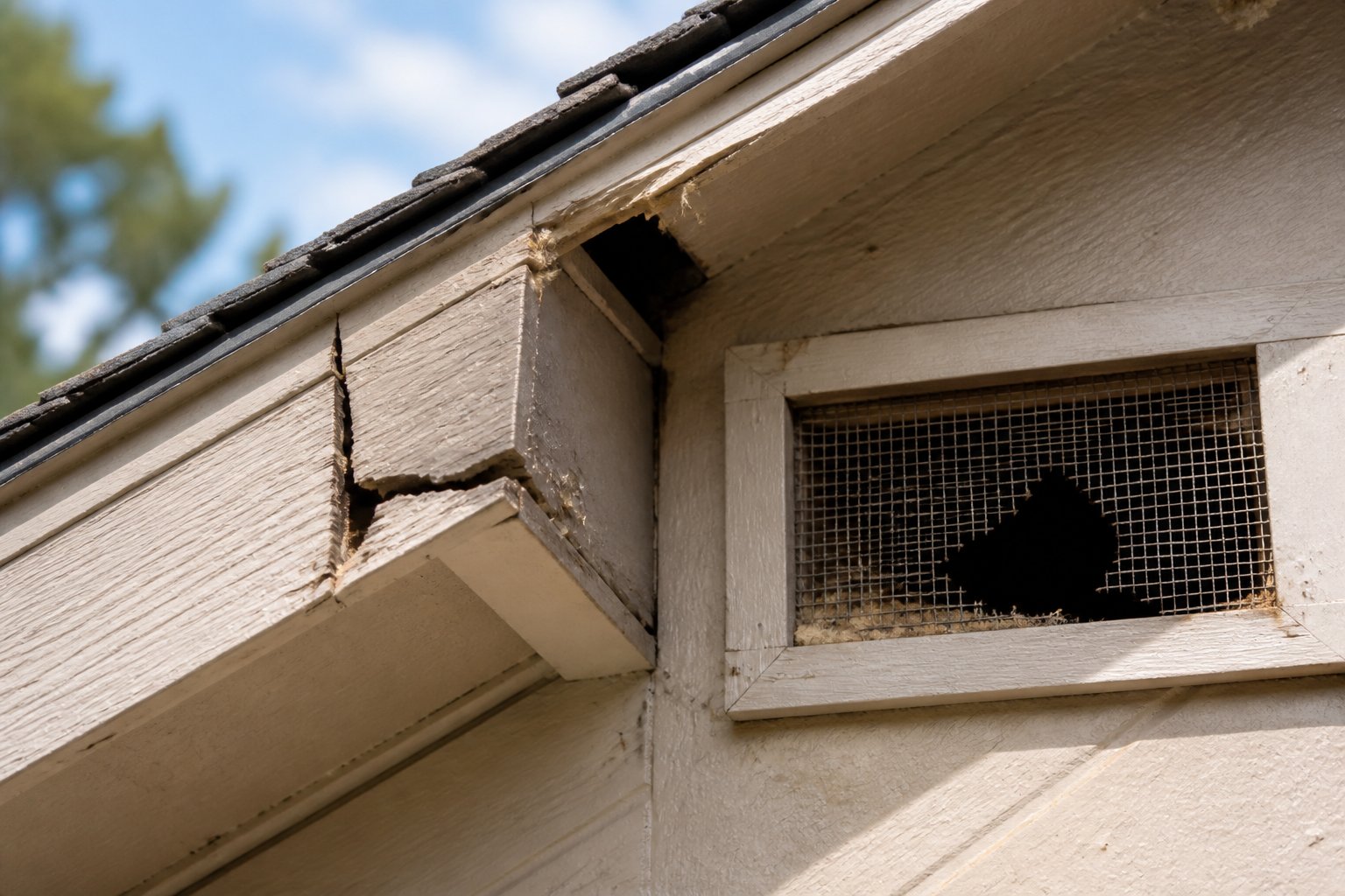 Close-up of a house roof showing small gaps and damaged vents where rats can enter the attic.