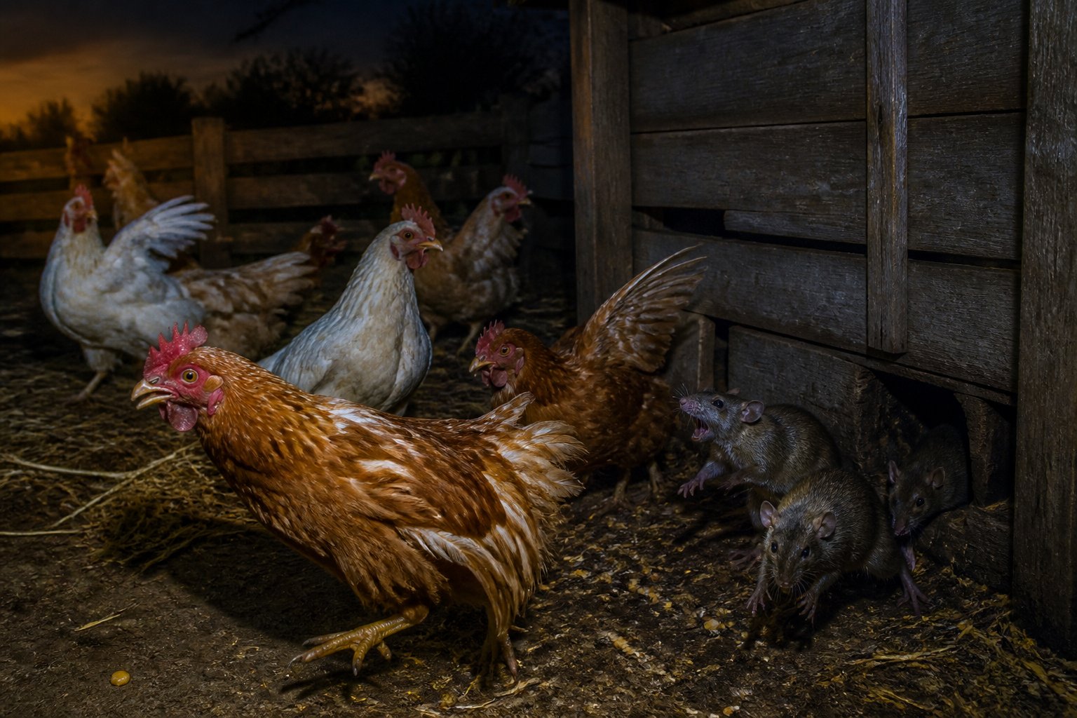 Chickens in a farmyard looking distressed near a chicken coop with rats nearby in the shadows.