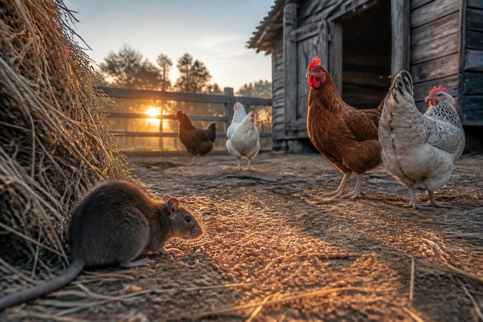 A small flock of chickens near a wooden coop with a rat approaching quietly in a farmyard at dawn.