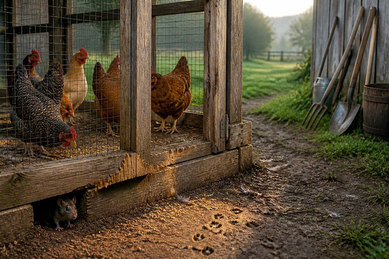 A chicken coop with chickens inside and subtle signs of rats nearby, including footprints and a rat peeking from behind a wooden beam.