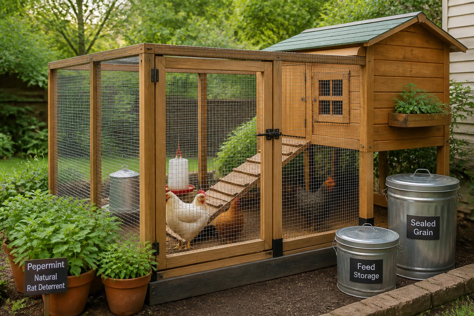 A secure chicken coop with fencing and plants around it, with chickens inside appearing safe.